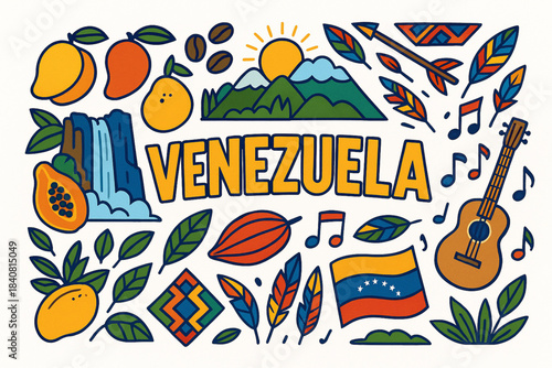 Colorful Venezuela Vector Illustration with Angel Falls, Tropical Fruits, Indigenous Patterns and Flag