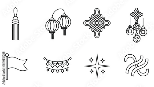 Asian Festive Celebration Line Icons Set with Traditional Lanterns, Tassels, and Knots