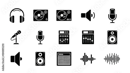 Audio icons collection headphones turntables microphones speakers and soundwaves