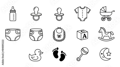 Baby essentials collection line art illustrations of newborn items