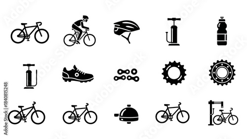 Bicycle and cycling gear icons set in monochrome style for design assets