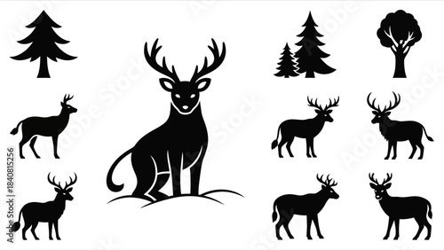 Black and white deer and trees silhouettes set for design elements
