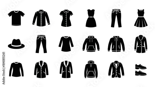 Black and white fashion clothing collection icons isolated on white backdrop