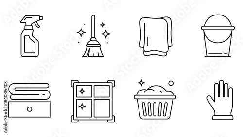 Essential Cleaning Supplies and Household Tasks Line Art Icons Collection for Home Maintenance and Hygiene