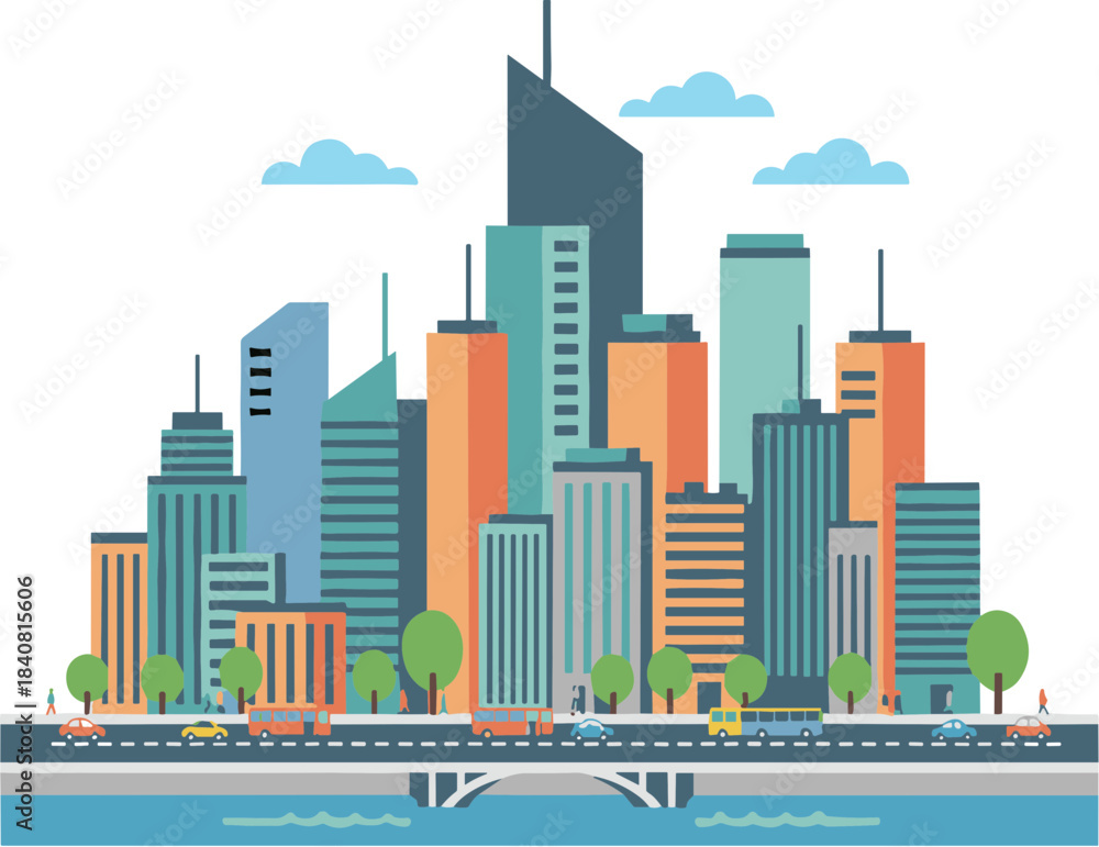 Obraz premium Flat design vector illustration of a modern city skyline with skyscrapers.