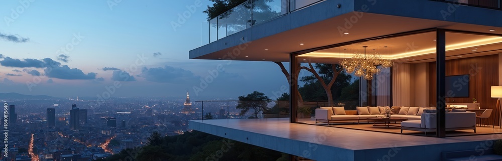 Fototapeta premium Modern luxury apartment with city view at dusk. Sleek terrace offers panoramic vista of illuminated skyline. Elegant living room features contemporary furniture and stylish chandelier.