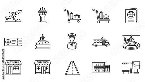 Airline travel icons set airplane airport control baggage cart passport ticket