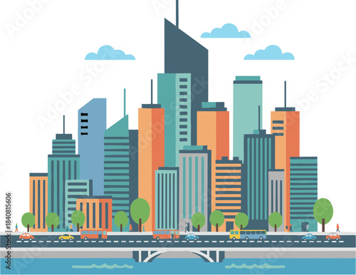Flat design vector illustration of a modern city skyline with skyscrapers.