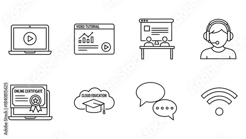 Online learning and education icons laptop, certificate, cloud, discussion, and Wi-Fi signal