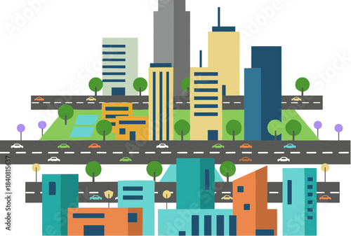 Modern city landscape with skyscrapers and busy traffic roads.