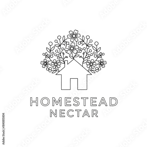 Homestead Nectar Logo Design with House and Flowers.