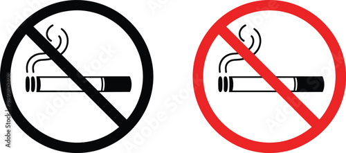 Pair of universal prohibition signs for 'No Smoking', one with a black crossed-out circle and one red, indicating a smoke-free zone or environment.