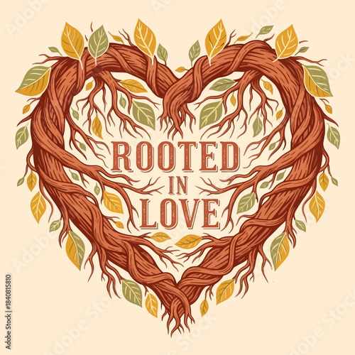Heart-shaped tree roots with leaves and Rooted in Love text.