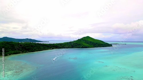 Aerial View of Motu Toopua a Volcanic Islet in the Bora Bora Lagoon