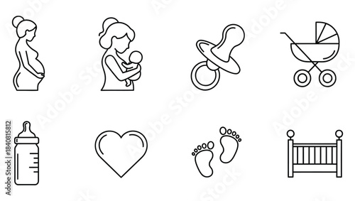 Pregnancy, Maternity, and Newborn Baby Care Outline Icons Collection – Essential Symbols for Parenthood Journey