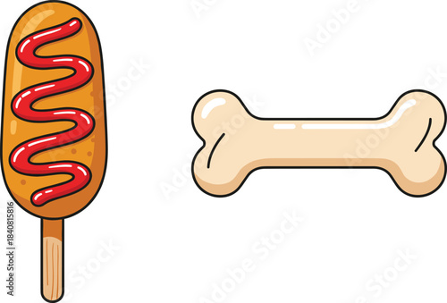 A fun, simple, and colorful vector cartoon illustration featuring two classic fair food icons: a delicious corn dog topped with bright red zig-zagging ketchup