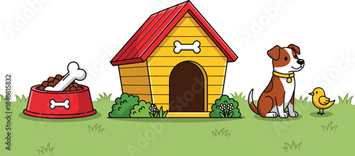 A charming cartoon illustration of a happy brown and white dog sitting beside its classic yellow and red doghouse,