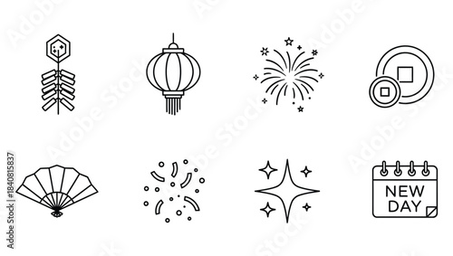 Collection of Line Art Icons for Chinese New Year Celebrations and Traditional Festive Cultural Events