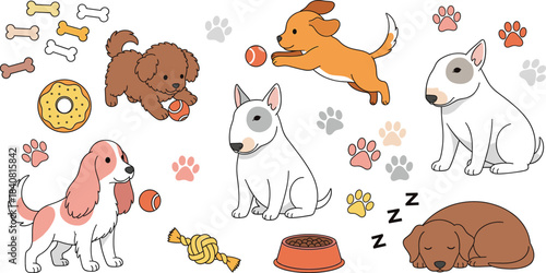 A delightful collection of adorable cartoon dogs from various breeds playing, sleeping, and relaxing with toys, bones, and paw prints on a white background.