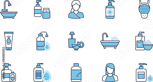 Diverse collection of essential public facility and prohibition signs, featuring universal pictograms for restrooms, hygiene,
