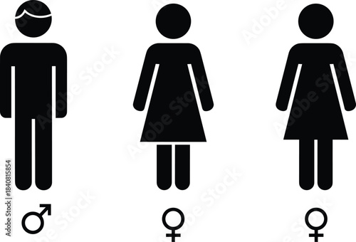 Gender difference concept showing stick figures of a man and two women, representing male and female sex symbols,