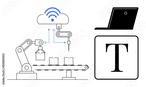 Industrial automation, IoT technology, smart manufacturing, cloud computing, digitization, future technologies. Robotic arm on a conveyor belt, cloud connection, laptop and digital text symbol