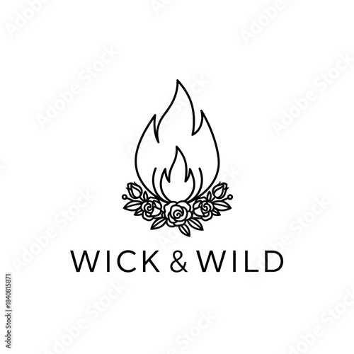 Minimalist Line Art Logo for Wick  Wild Featuring a Flame and Floral Wreath Design.