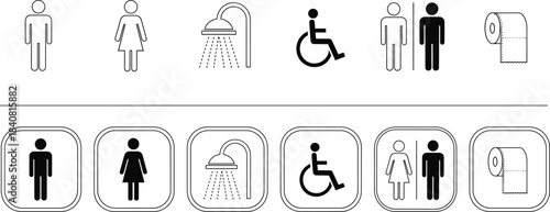 Diverse collection of essential public signs and universal pictograms, featuring restroom, hygiene,