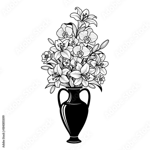 Monochrome illustration of a beautiful bouquet of lilies and orchids in a classic vase.
