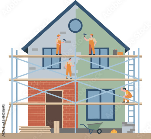 Construction workers renovating the exterior facade of a residential house with scaffolding.