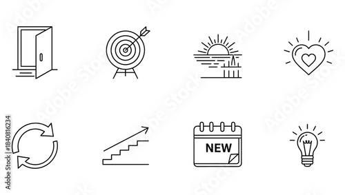 Collection of line art icons representing business, growth, and new ideas