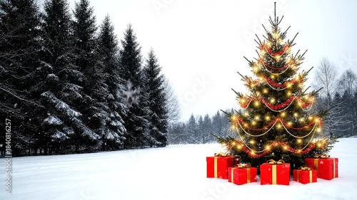 A beautifully decorated Christmas tree stands in a snowy landscape surrounded by presents, ready for the holiday season