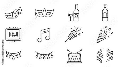 Collection of vector icons representing celebration elements, including musical notes and party favors