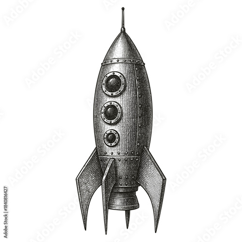 Retro rocket vintage style engraving, steampunk space rocket