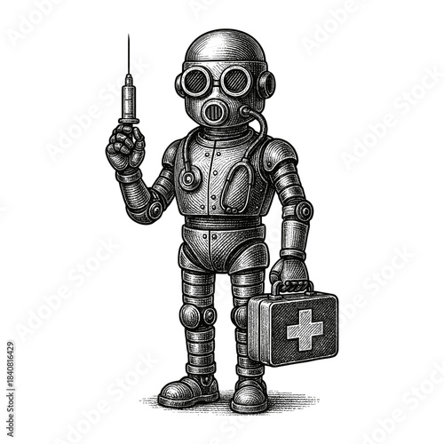 Post apocalypse medic robot vintage engraving illustration