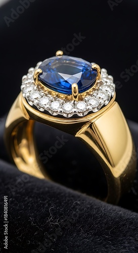 Elegant gold band ring showcases a brilliant blue gemstone surrounded by small clear stones