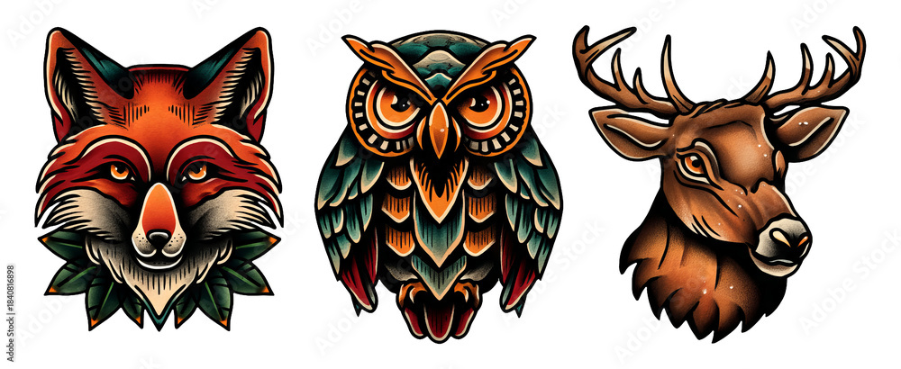 Obraz premium Vintage Animal Illustrations of Fox, Owl, and Deer in Tattoo Flash Style