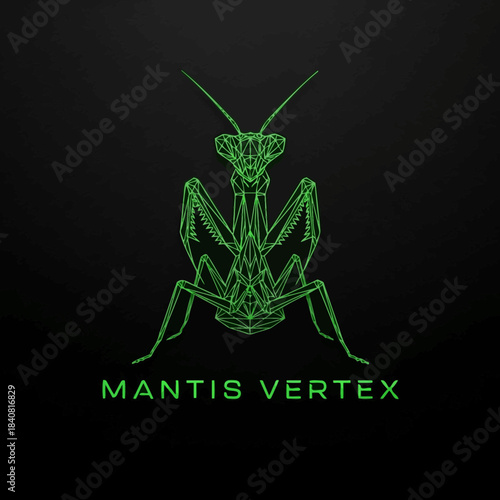 Green neon mantis insect illustration with text.
