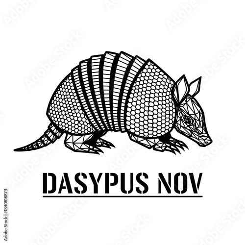 Stylized black and white armadillo vector illustration with stencil text.