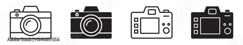 Camera icons set. Front and back view photo camera symbols in line and solid styles. Minimal clean camera collection for photography, media and creative design projects - stock vector
