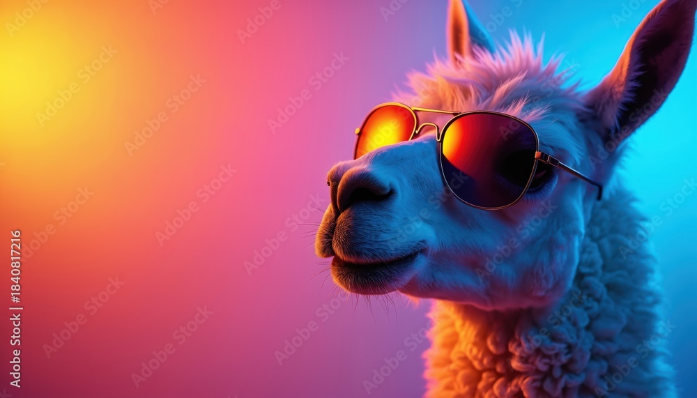 Naklejka premium Llama wears sunglasses and poses for a photo. Animal wears trendy shades with blue and pink neon lights in studio. Cool pet has a relaxed vibe, feels chill and laid-back.