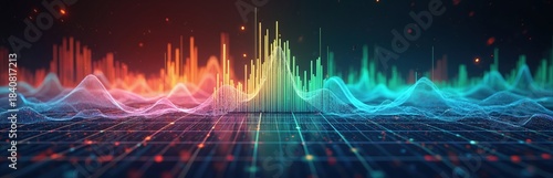 Digital waveform graph displays sound frequency levels. Audio spectrum analyzer shows colorful signal peaks and valleys. Data visualization of sound waves in motion.