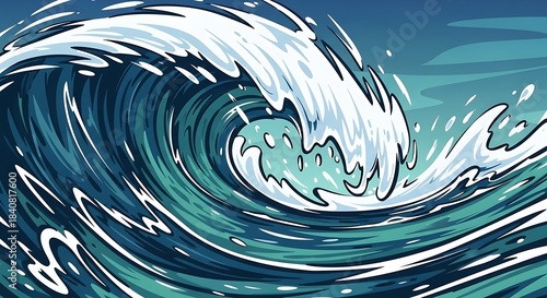 A dynamic illustration of a powerful ocean wave, showcasing swirling blues and greens, and frothy white crests.