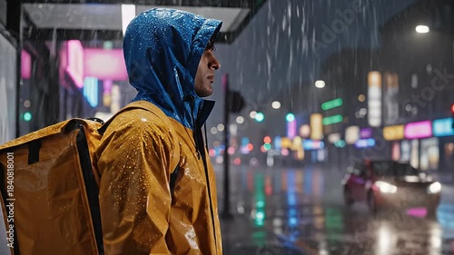 Food Delivery Man in Raincoat with Backpack on Rainy City Street at Night