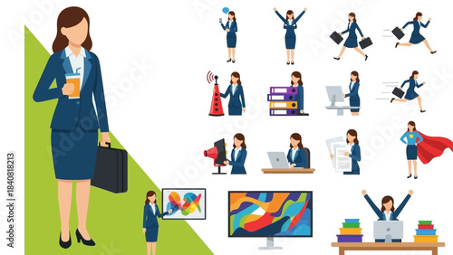 This vibrant vector collection showcases a professional businesswoman actively engaged in diverse corporate tasks, symbolizing her dynamic career.