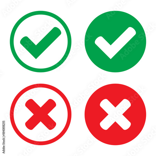 Approval and Rejection Icons showing Green Tick and Red Cross Marks inside Circles