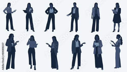 A collection of twelve diverse female business silhouettes in various professional poses, suitable for corporate and modern design projects.