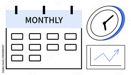 Time management, productivity planning, goal tracking, scheduling, business analytics, project organization. A calendar, clock and graph are displayed. Time management and productivity planning