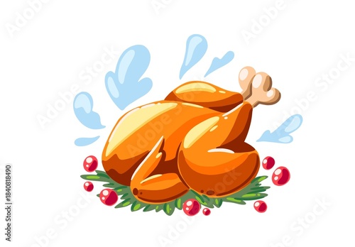 Cartoon roasted turkey on festive herbs with cranberries. Bright holiday dinner illustration for Thanksgiving or Christmas menu, recipe blog, restaurant advertising and seasonal food design.