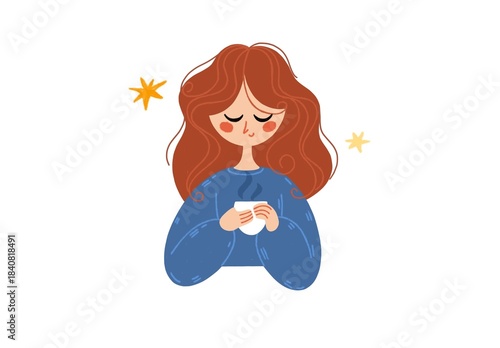 Cozy flat illustration of a red-haired woman in an oversized blue sweater enjoying a hot cup of coffee or tea.Relaxed hygge mood, self-care,comfort, autumn evenings, lifestyle or mental health concept